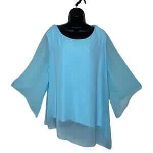 CHICO'S Light Baby Blue Chiffon Asymmetrical Blouse Kimono Sleeve Flowy Sz 3/XL